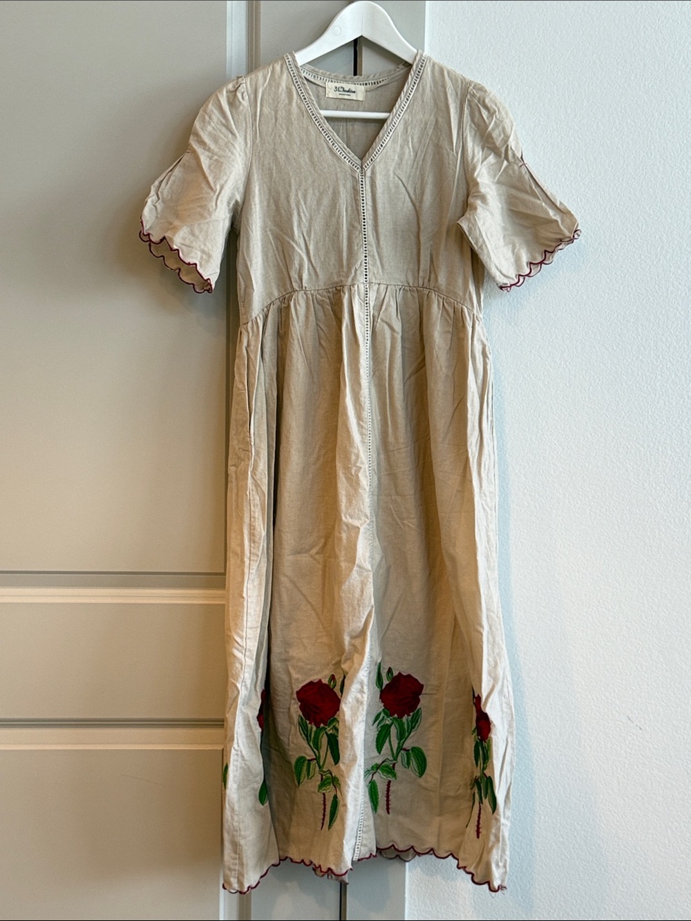 Hand-Embroidered Cream Midi Dress with Red Rose Detail